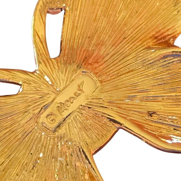 Monet Gold-Tone Enamel Butterfly Brooch Pin Amber Cabochon Moth Figural 90s Vtg - Picture 2 of 7